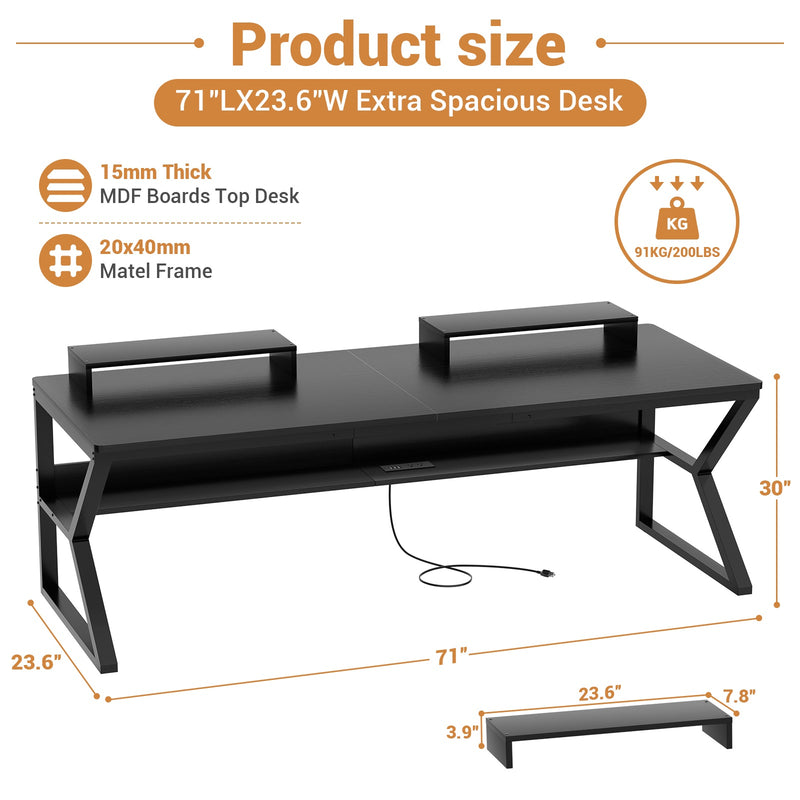 71-Inch Two-Person Computer Desk with Power Outlets, Storage Shelf