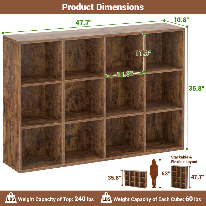 47.7" Wide 12-Cube Storage Shelf Bookcase, Wooden Open Organizer with Full Back Panel, Fits 11x11" Bins, Bookcase for Home Office, Bedroom