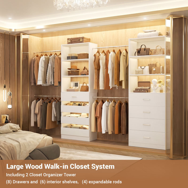 Modular Wood Closet Organizer System (6-15 ft) with 8 Drawers & 4 Hanging Rods