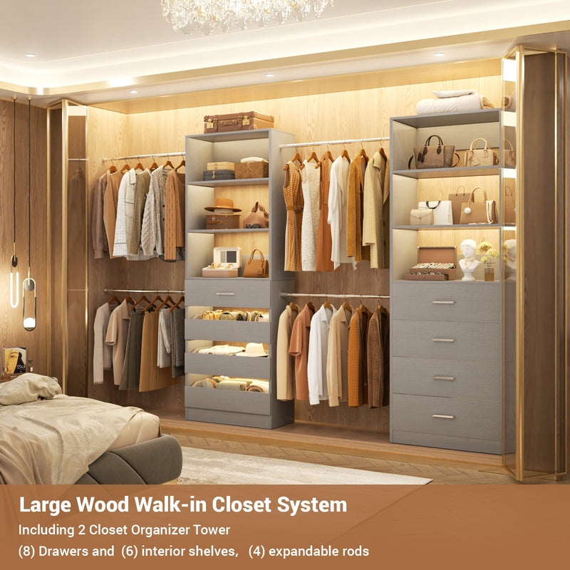 Modular Wood Closet Organizer System (6-15 ft) with 8 Drawers & 4 Hanging Rods