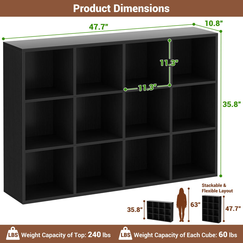 47.7" Wide 12-Cube Storage Shelf Bookcase, Wooden Open Organizer with Full Back Panel, Fits 11x11" Bins, Bookcase for Home Office, Bedroom