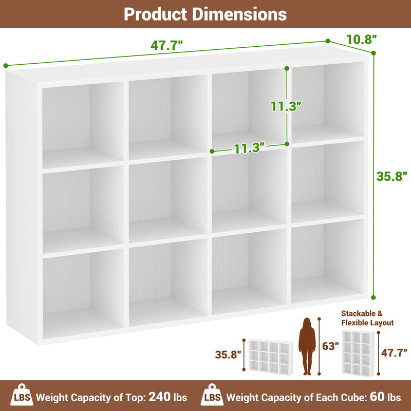 47.7" Wide 12-Cube Storage Shelf Bookcase, Wooden Open Organizer with Full Back Panel, Fits 11x11" Bins, Bookcase for Home Office, Bedroom