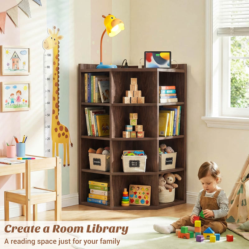 4-Tier 15 Cube Corner Bookshelf with Power Outlets