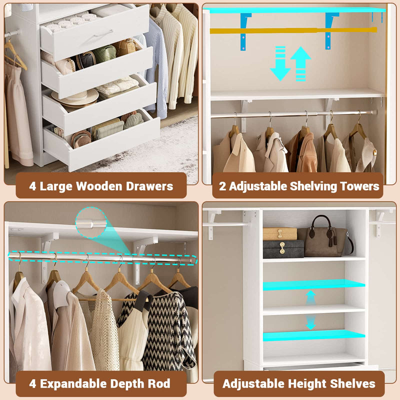 Closet System with 4 Drawers, 8FT Wood Closet Organizer Built In System Tower with Shelves & 4 Rods