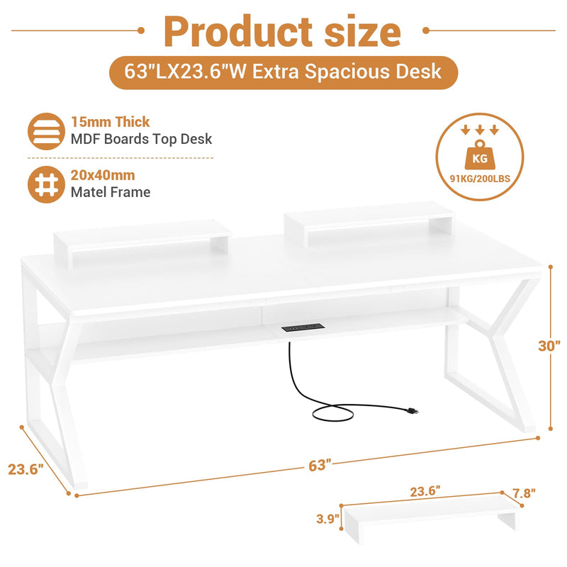 63-Inch Two-Person Computer Desk with Power Outlets, Storage Shelf