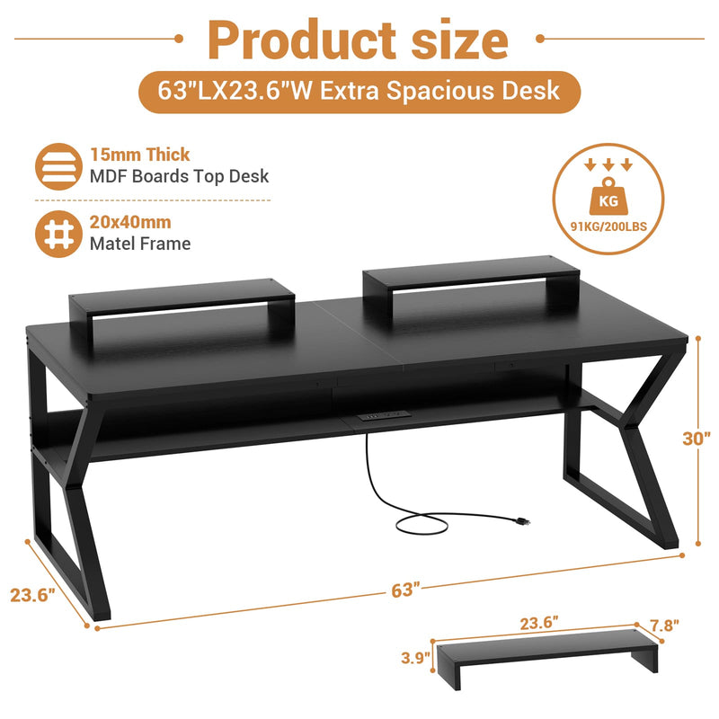 63-Inch Two-Person Computer Desk with Power Outlets, Storage Shelf