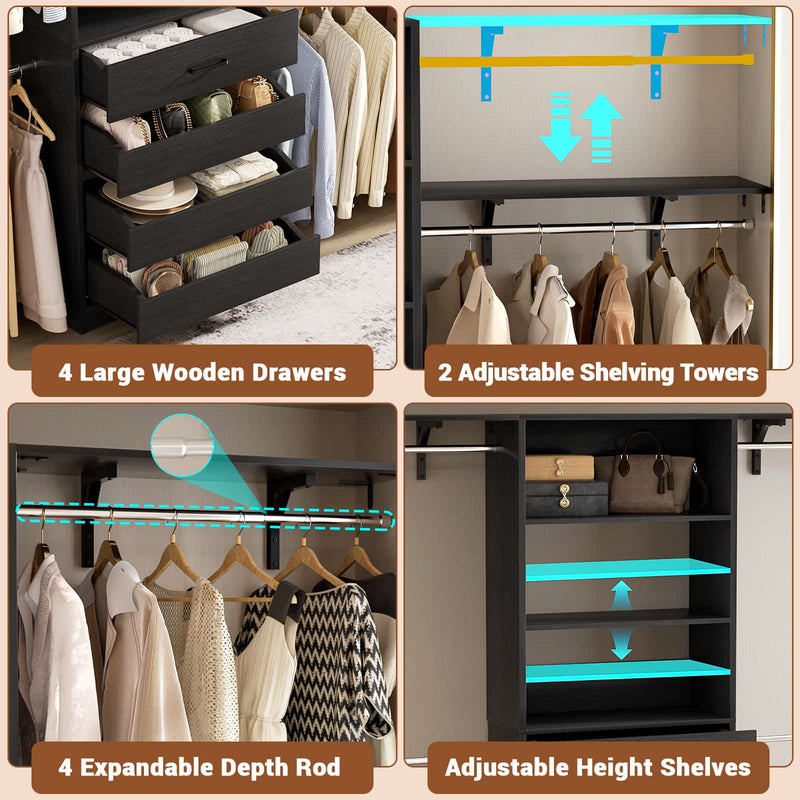 Closet System with 4 Drawers, 8FT Wood Closet Organizer Built In System Tower with Shelves & 4 Rods