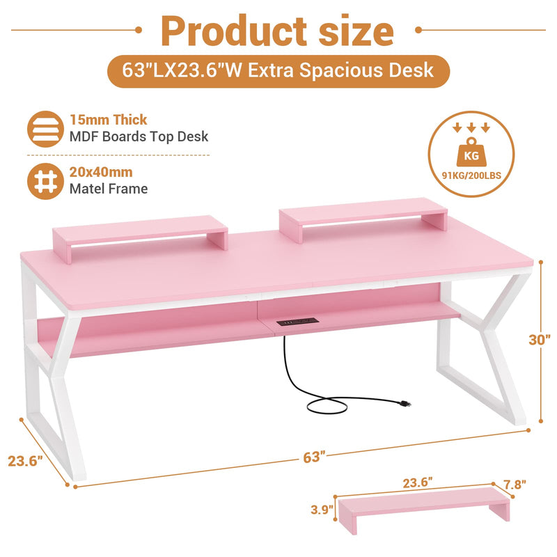 63-Inch Two-Person Computer Desk with Power Outlets, Storage Shelf