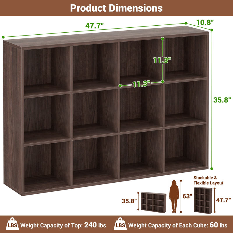 47.7" Wide 12-Cube Storage Shelf Bookcase, Wooden Open Organizer with Full Back Panel, Fits 11x11" Bins, Bookcase for Home Office, Bedroom