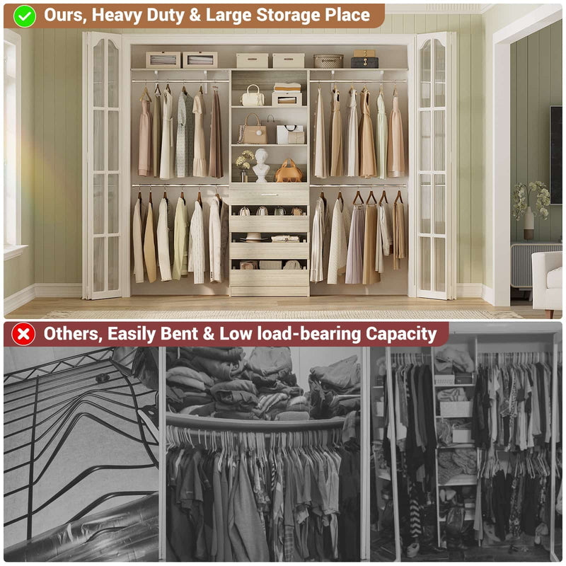 Closet System with 4 Drawers, 8FT Wood Closet Organizer Built In System Tower with Shelves & 4 Rods