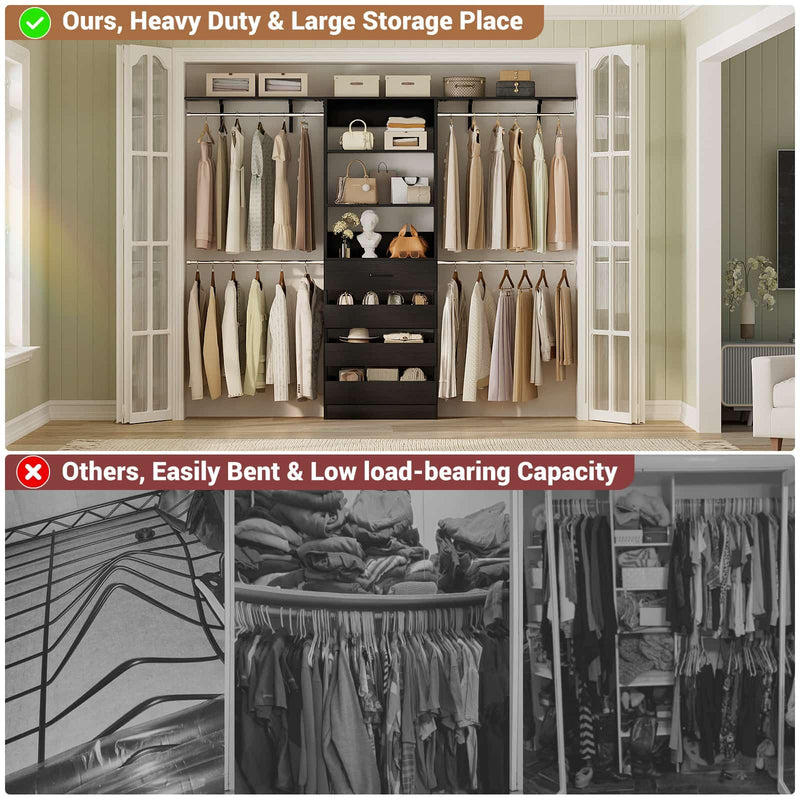 Closet System with 4 Drawers, 8FT Wood Closet Organizer Built In System Tower with Shelves & 4 Rods