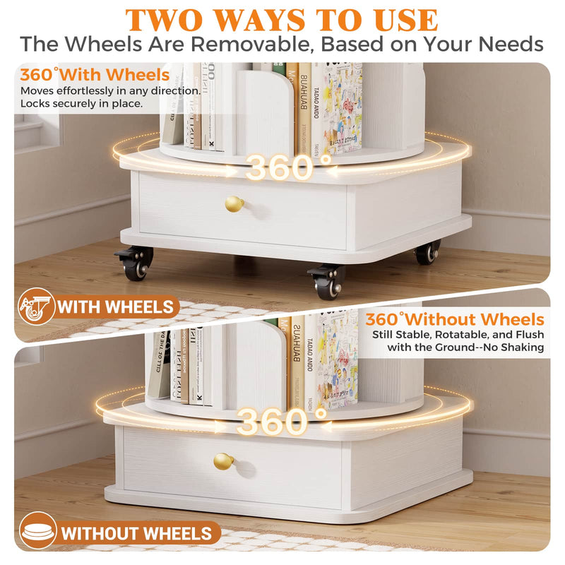 5-Tier Rotating Bookshelf, Corner Book Shelf with Drawer & Wheels, 70" Tall Solid Wood Spinning Bookcase