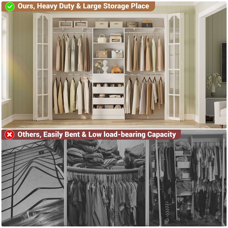 Closet System with 4 Drawers, 8FT Wood Closet Organizer Built In System Tower with Shelves & 4 Rods