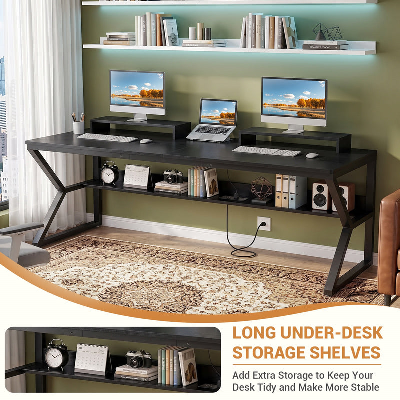 71-Inch Two-Person Computer Desk with Power Outlets, Storage Shelf