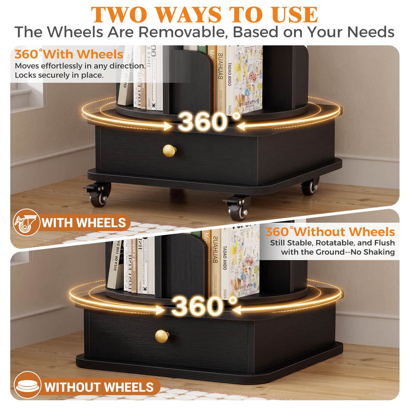 5-Tier Rotating Bookshelf, Corner Book Shelf with Drawer & Wheels, 70" Tall Solid Wood Spinning Bookcase