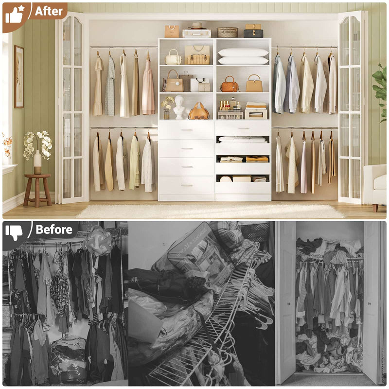 Modular Wood Closet Organizer System (6-15 ft) with 8 Drawers & 4 Hanging Rods