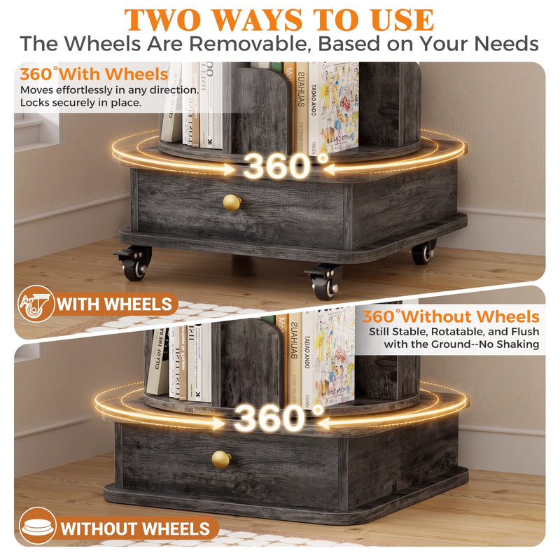 5-Tier Rotating Bookshelf, Corner Book Shelf with Drawer & Wheels, 70" Tall Solid Wood Spinning Bookcase