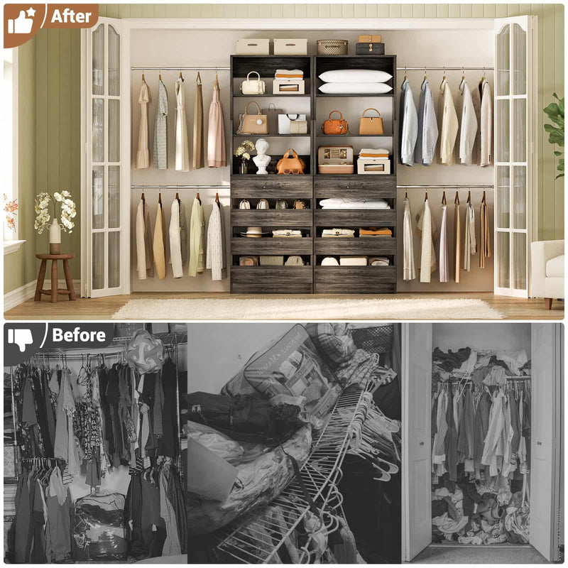 Modular Wood Closet Organizer System (6-15 ft) with 8 Drawers & 4 Hanging Rods