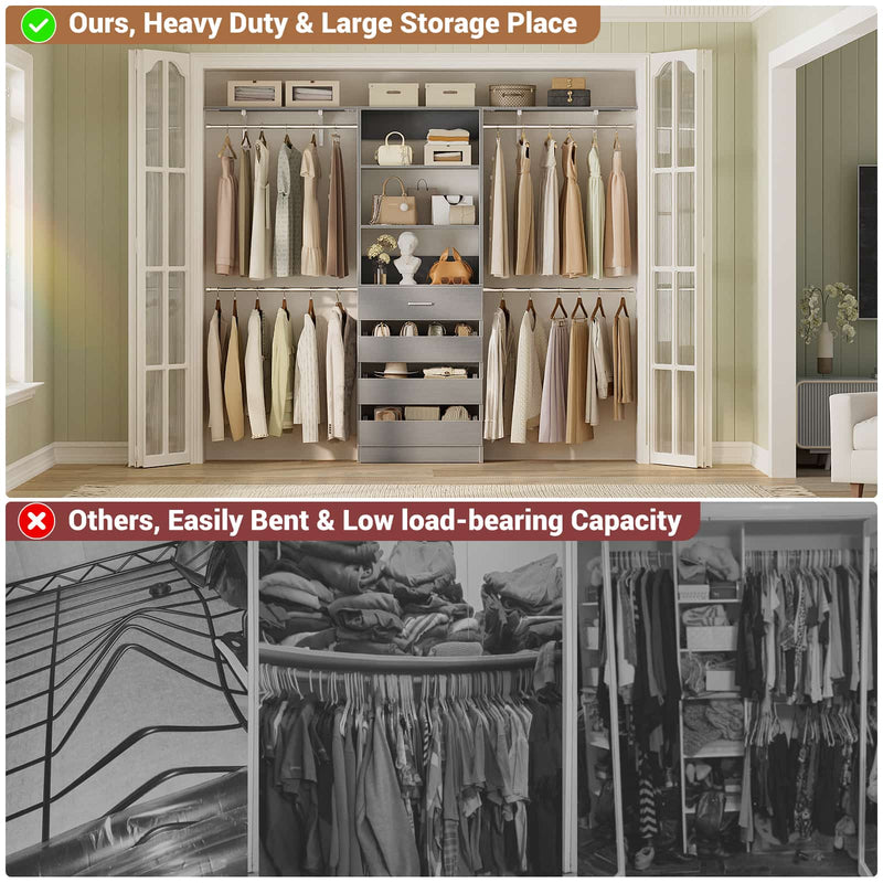Closet System with 4 Drawers, 8FT Wood Closet Organizer Built In System Tower with Shelves & 4 Rods