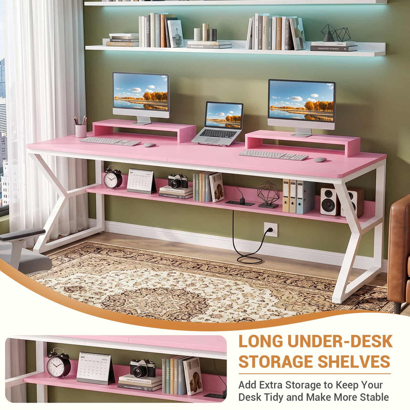 71-Inch Two-Person Computer Desk with Power Outlets, Storage Shelf