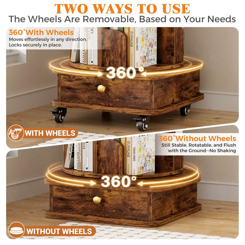 5-Tier Rotating Bookshelf, Corner Book Shelf with Drawer & Wheels, 70" Tall Solid Wood Spinning Bookcase