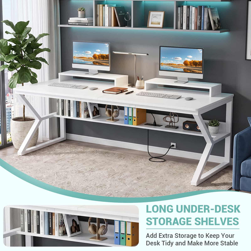 63-Inch Two-Person Computer Desk with Power Outlets, Storage Shelf