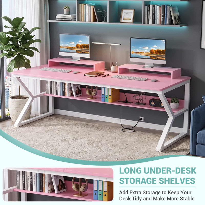 63-Inch Two-Person Computer Desk with Power Outlets, Storage Shelf