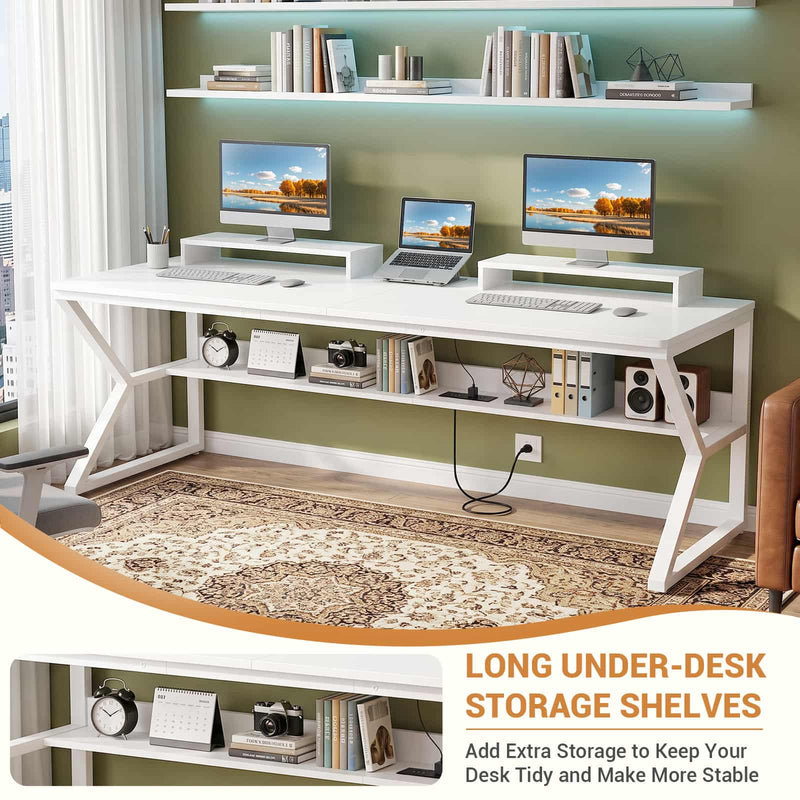 71-Inch Two-Person Computer Desk with Power Outlets, Storage Shelf