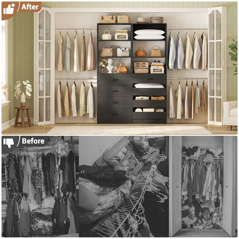 Modular Wood Closet Organizer System (6-15 ft) with 8 Drawers & 4 Hanging Rods