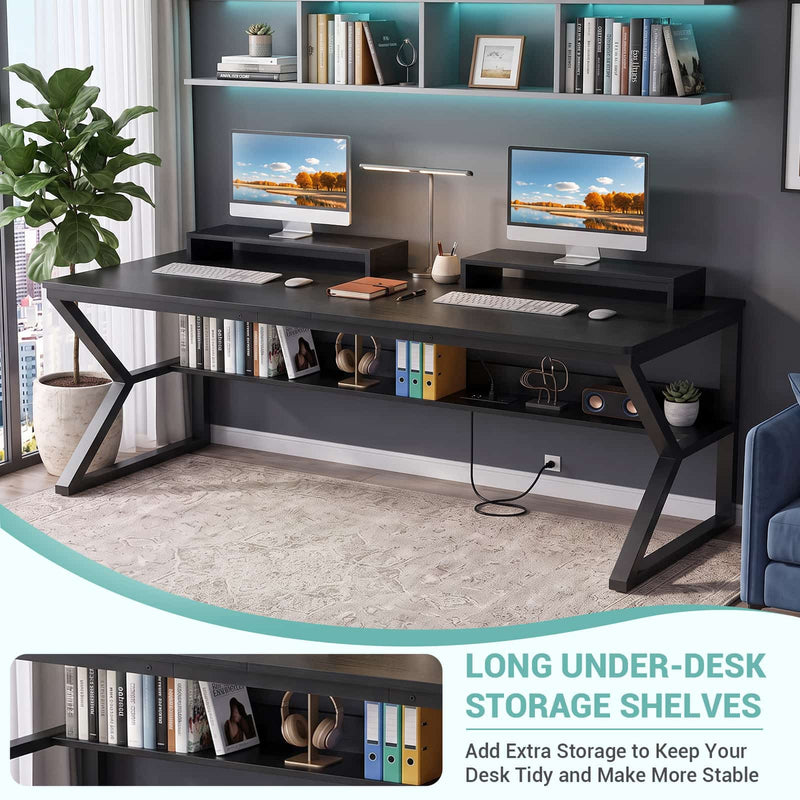 63-Inch Two-Person Computer Desk with Power Outlets, Storage Shelf