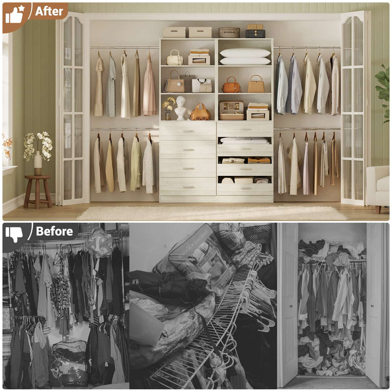 Modular Wood Closet Organizer System (6-15 ft) with 8 Drawers & 4 Hanging Rods