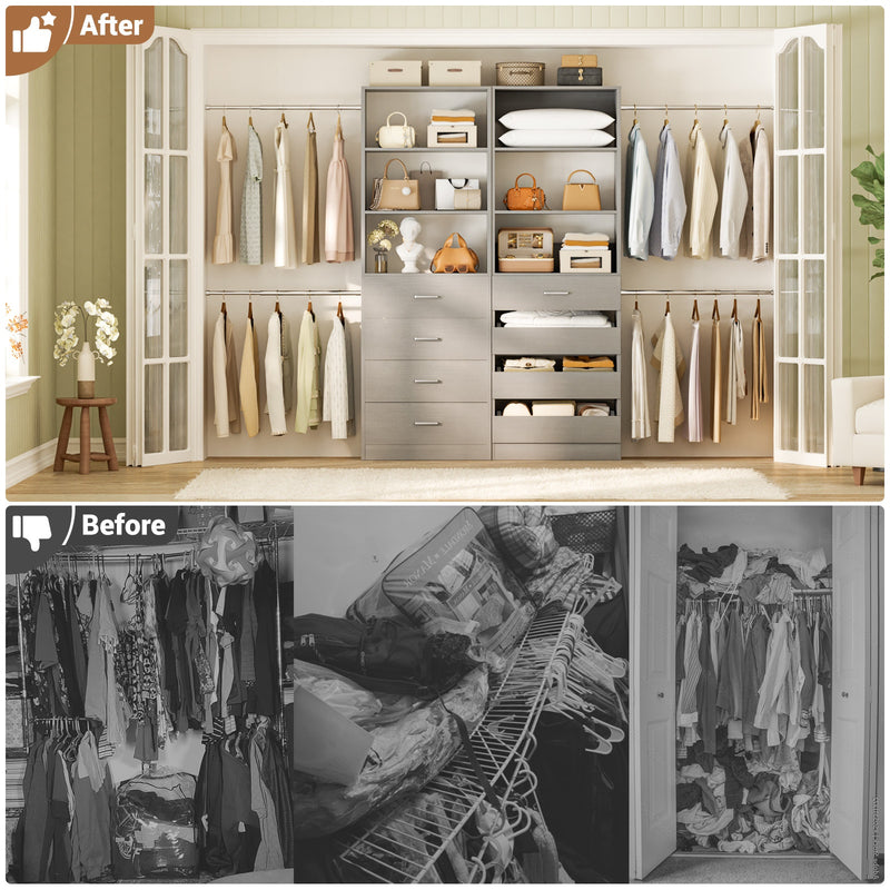 Modular Wood Closet Organizer System (6-15 ft) with 8 Drawers & 4 Hanging Rods