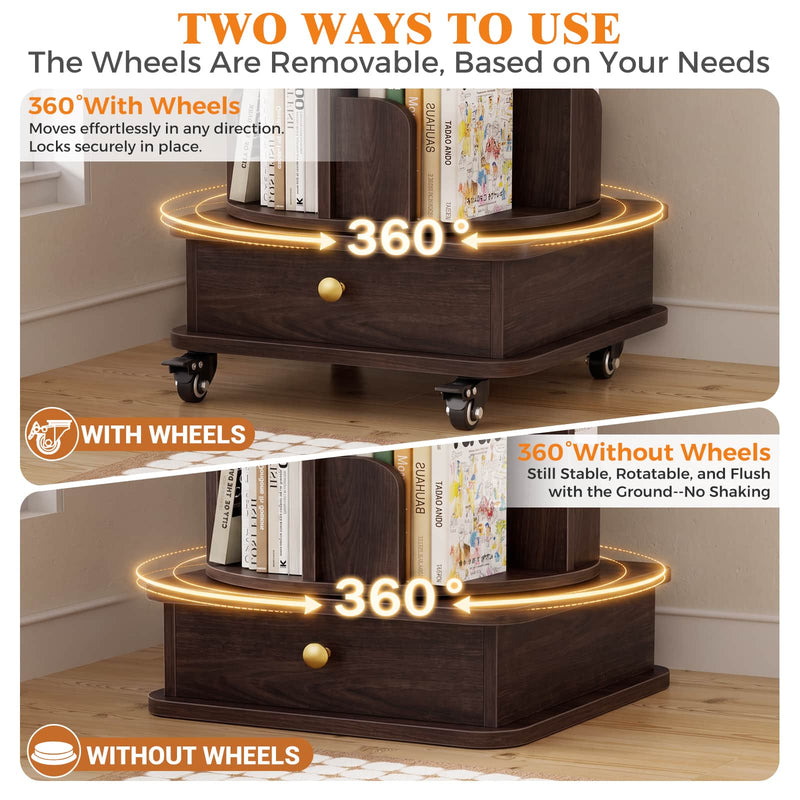 5-Tier Rotating Bookshelf, Corner Book Shelf with Drawer & Wheels, 70" Tall Solid Wood Spinning Bookcase