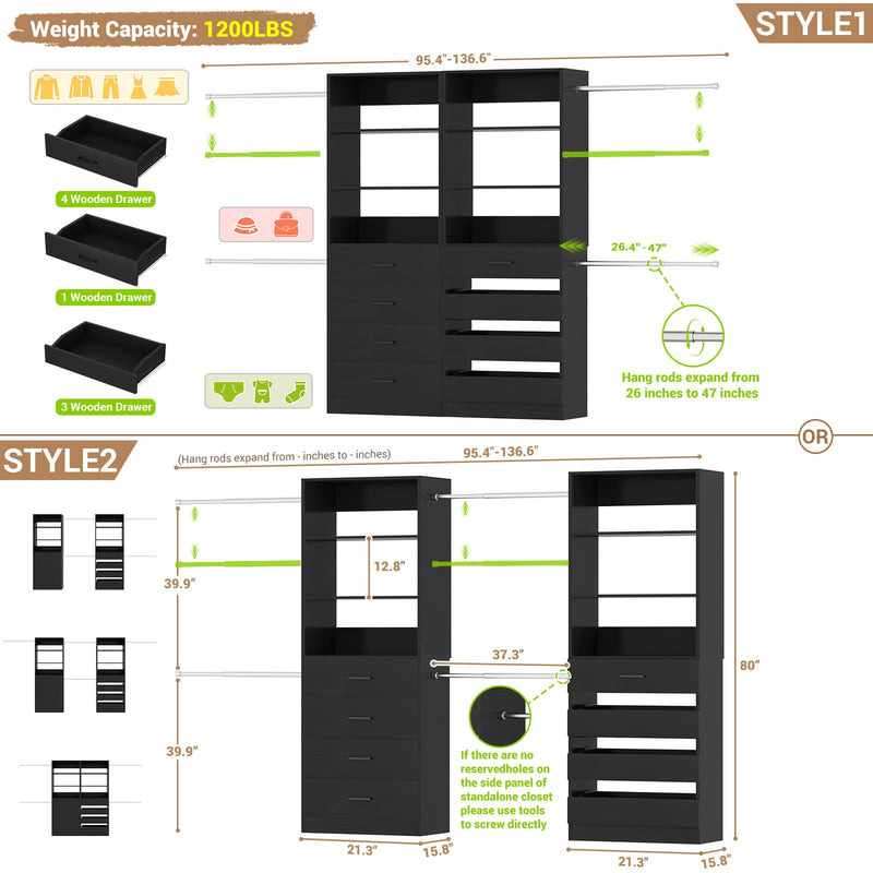 Modular Wood Closet Organizer System (6-15 ft) with 8 Drawers & 4 Hanging Rods