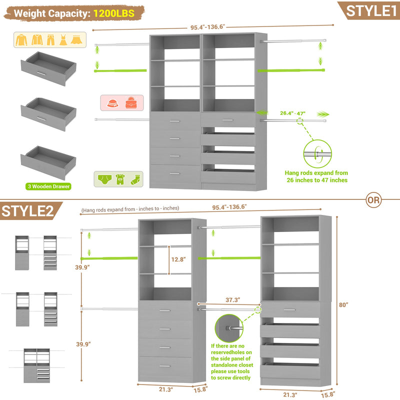 Modular Wood Closet Organizer System (6-15 ft) with 8 Drawers & 4 Hanging Rods