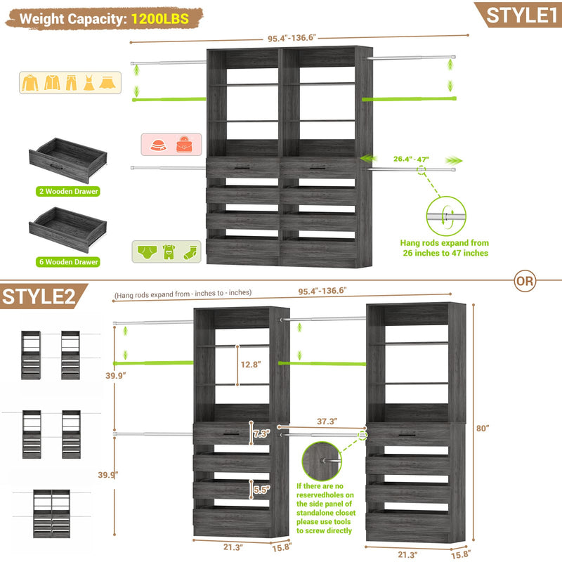 Modular Wood Closet Organizer System (6-15 ft) with 8 Drawers & 4 Hanging Rods