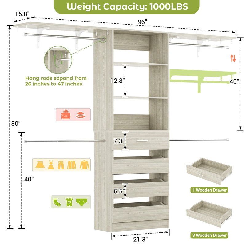 Closet System with 4 Drawers, 8FT Wood Closet Organizer Built In System Tower with Shelves & 4 Rods