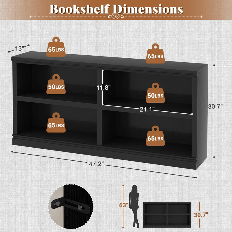 47" Wide Horizontal Bookshelf, 2-Tier 4 Cube Wooden Low Bookcase, Short Open Storage Organizer & TV Stand for Living Room, Home Office