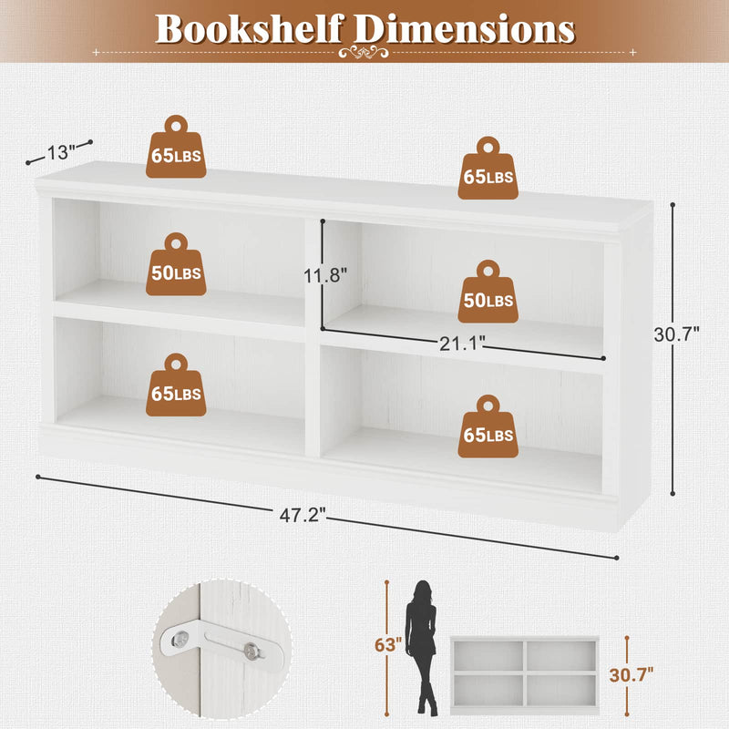 47" Wide Horizontal Bookshelf, 2-Tier 4 Cube Wooden Low Bookcase, Short Open Storage Organizer & TV Stand for Living Room, Home Office