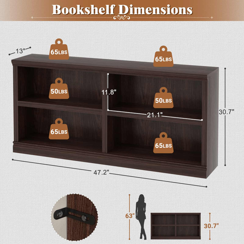 47" Wide Horizontal Bookshelf, 2-Tier 4 Cube Wooden Low Bookcase, Short Open Storage Organizer & TV Stand for Living Room, Home Office