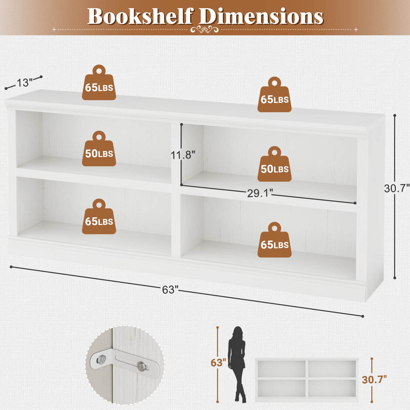 63" Wide Horizontal Bookshelf, 2-Tier 4 Cube Wooden Low Bookcase, Modern Long Open Storage Organizer Cabinet & TV Stand for Living Room, Home Office