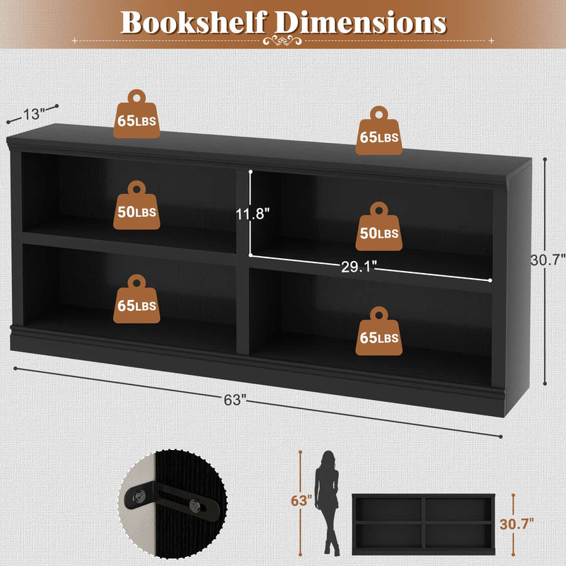 63" Wide Horizontal Bookshelf, 2-Tier 4 Cube Wooden Low Bookcase, Modern Long Open Storage Organizer Cabinet & TV Stand for Living Room, Home Office