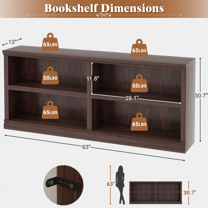 63" Wide Horizontal Bookshelf, 2-Tier 4 Cube Wooden Low Bookcase, Modern Long Open Storage Organizer Cabinet & TV Stand for Living Room, Home Office