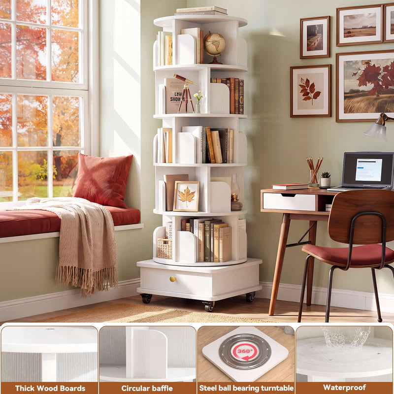 5-Tier Rotating Bookshelf, Corner Book Shelf with Drawer & Wheels, 70" Tall Solid Wood Spinning Bookcase