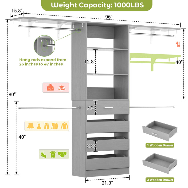 Closet System with 4 Drawers, 8FT Wood Closet Organizer Built In System Tower with Shelves & 4 Rods