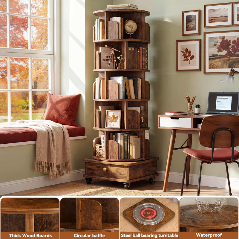 5-Tier Rotating Bookshelf, Corner Book Shelf with Drawer & Wheels, 70" Tall Solid Wood Spinning Bookcase