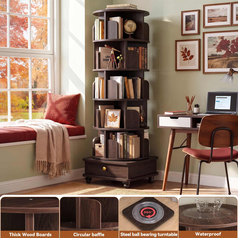 5-Tier Rotating Bookshelf, Corner Book Shelf with Drawer & Wheels, 70" Tall Solid Wood Spinning Bookcase