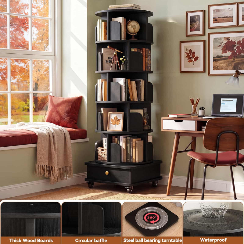 5-Tier Rotating Bookshelf, Corner Book Shelf with Drawer & Wheels, 70" Tall Solid Wood Spinning Bookcase