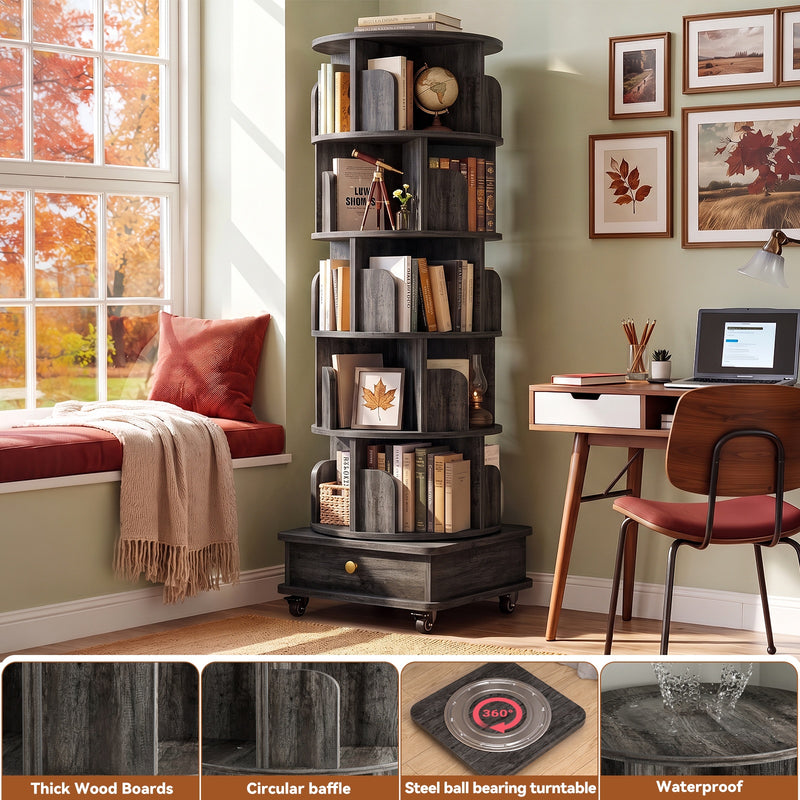 5-Tier Rotating Bookshelf, Corner Book Shelf with Drawer & Wheels, 70" Tall Solid Wood Spinning Bookcase