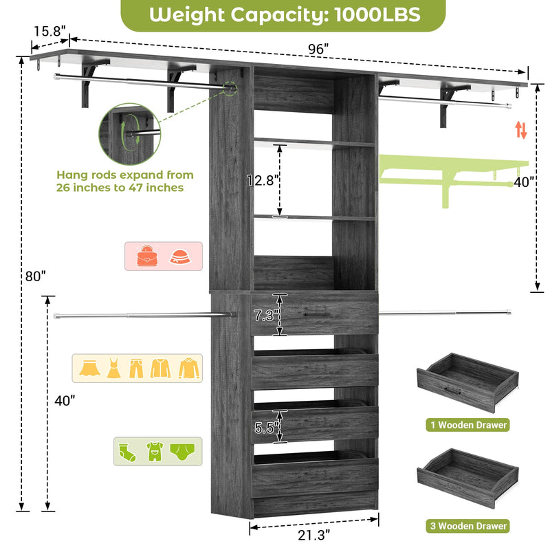 Closet System with 4 Drawers, 8FT Wood Closet Organizer Built In System Tower with Shelves & 4 Rods